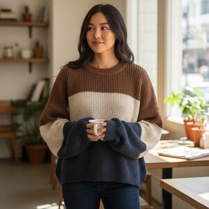 Debut Color Block Pullover‎ Sweater Size M Brown Cream Blue Knit Top
